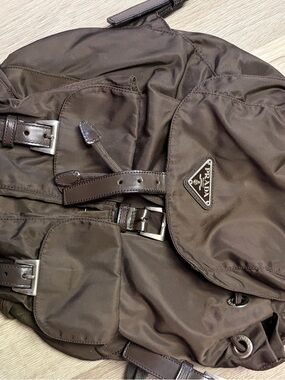Prada Brown Nylon Backpack with Leather Trim